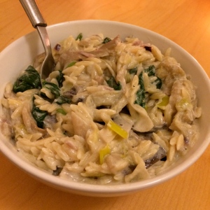 aubergine, leek and oyster mushroom orzo with a creamy white wine sauce